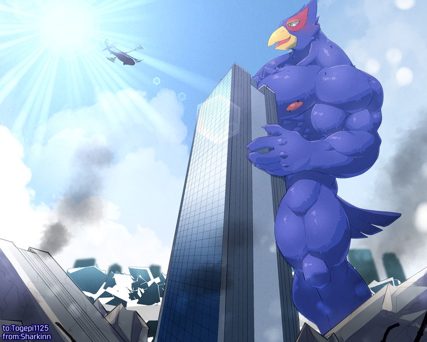 aircraft anthro blue_body destruction helicopter low-angle_view macro male muscular muscular_male nude suggestive vehicle sharkinn nintendo star_fox falco_lombardi avian bird 5:4 absurd_res hi_res