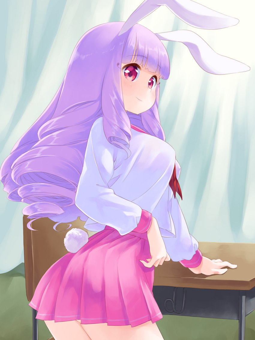 blush breasts chair clothing female furniture hair long_hair purple_eyes red_eyes school_uniform solo table uniform natsuki_takano sanrio show_by_rock!! chuchu_(show_by_rock!!) animal_humanoid humanoid lagomorph lagomorph_humanoid leporid leporid_humanoid mammal mammal_humanoid rabbit rabbit_humanoid 3:4 hi_res