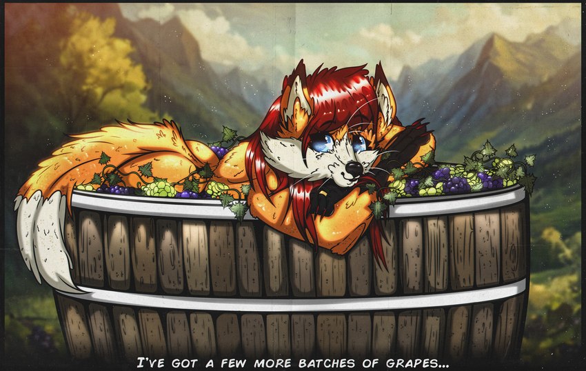 anthro bathtub blue_eyes butt ears_up female food fruit fur glistening glistening_body grape hair nude nude_anthro nude_female orange_body orange_fur plant red_hair relaxing ring smile solo tasteful_nudity text vineyard 0l-fox-l0 caitlyn_(0l-fox-l0) canid canine fox mammal absurd_res digital_media_(artwork) digital_painting_(artwork) hi_res painting_(artwork)