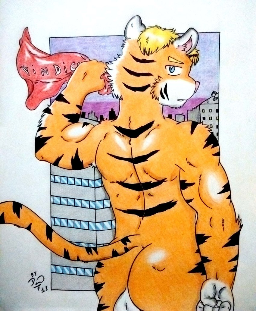 anthro back_muscles balls barazoku blonde_hair blue_eyes building butt city city_background closed_hands fur genitals hair holding_bandanna kerchief male manly markings muscular nude orange_body orange_fur pink_nose rear_view red_kerchief solo striped_body striped_fur striped_markings striped_tail stripes tail tail_markings dashthefox vindico ralf_(vindico) felid feline mammal pantherine tiger hi_res traditional_media_(artwork)