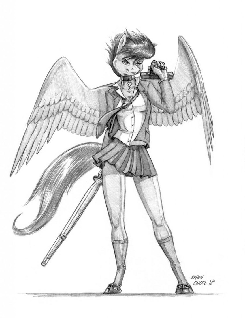 anthro bottomwear briefcase clothed clothing dress_shirt feathers female footwear hair holding_briefcase holding_object hooves jacket jewelry legwear looking_at_viewer mane necklace necktie pleated_skirt pose practice_sword school_uniform shirt skirt solo standing stockings topwear uniform wings wooden_sword baron_engel friendship_is_magic hasbro my_little_pony mythology scootaloo_(mlp) equid equine mammal mythological_creature mythological_equine pegasus 2018 hi_res monochrome signature traditional_media_(artwork)