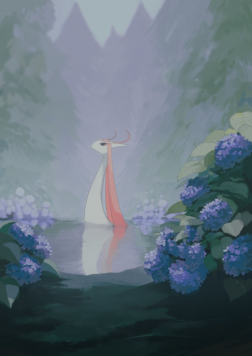 ambiguous_gender antennae_(anatomy) feral flower forest forest_background nature nature_background partially_submerged pink_eyes plant reflection solo tree water cuzilla00 nintendo pokemon generation_3_pokemon milotic pokemon_(species) 2024 absurd_res hi_res