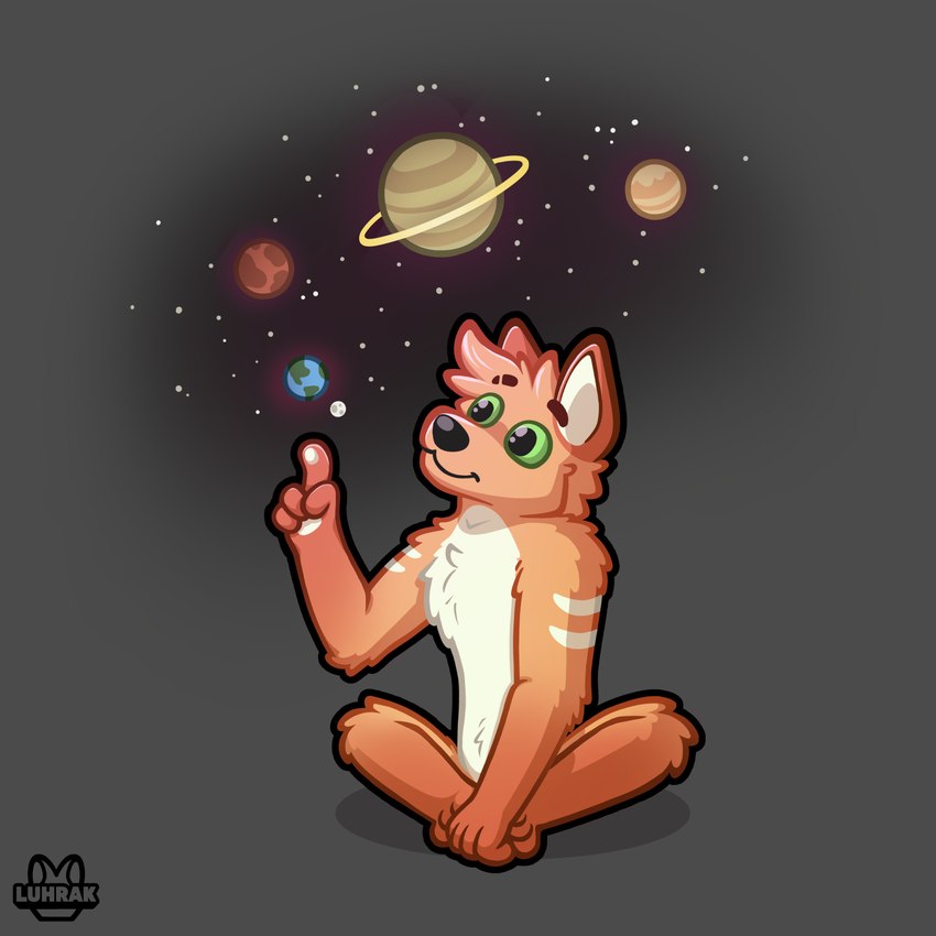 anthro arm_stripes belly chest_tuft cosmic_background crossed_legs eyebrow_slit eyebrows fluffy fur galaxy gesture glistening glistening_eyes glistening_nose green_eyes grey_background hair hand_gesture happy head_tuft looking_aside male mouth_closed nude orange_body orange_fur outline pawpads paws planet pointing pointing_up simple_background sitting sitting_on_ground smile solar_system solo space space_background starry_background stripes tuft white_belly white_body white_chest white_fur luhrak canid canine canis domestic_dog mammal cel_shading digital_media_(artwork) hi_res shaded simple_shading