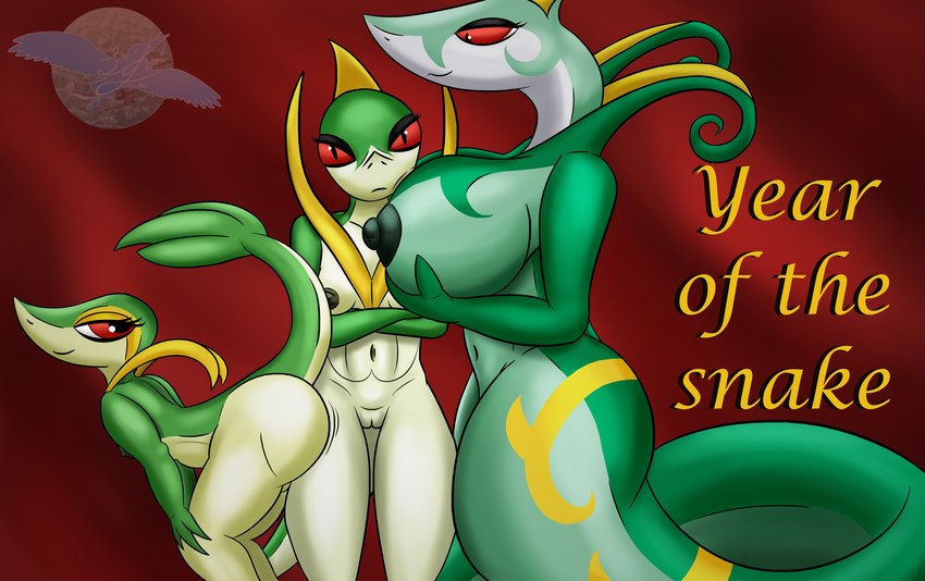 anthro apode between_breasts big_breasts big_butt breasts butt evolutionary_family female female/female flat_chested genitals green_body green_nipples grinding group huge_breasts huge_butt legless looking_at_another markings navel nipples pupils pussy red_eyes serpentine short_stack size_difference slit_pupils smile tan_body trio upset yellow_markings lindwormduality nintendo pokemon draconcopode generation_5_pokemon humanoid naga pokemon_(species) reptile scalie serperior servine snake snivy hi_res sibling_(lore) sister_(lore) sisters_(lore)