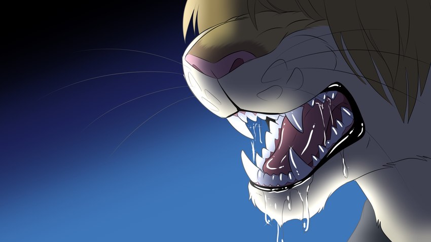 alternate_species anthro bared_teeth blonde_hair bodily_fluids close-up drooling fangs fur hair male parody saliva sharp_teeth solo tan_body tan_fur teeth fizzy-dog beastars capcom resident_evil leon_kennedy felid lion mammal pantherine 16:9 2023 4k absurd_res comic hi_res widescreen