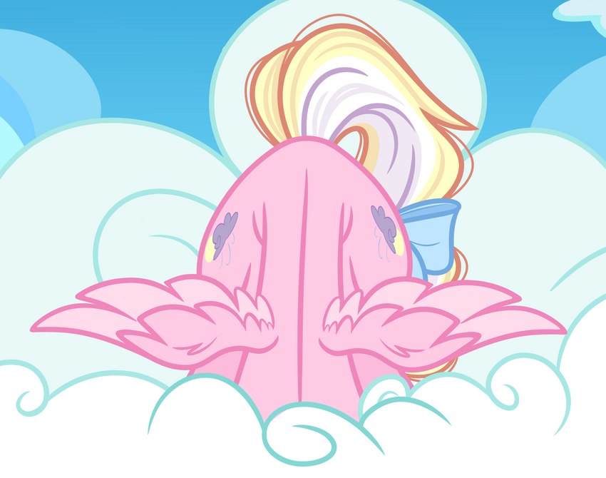 blonde_hair cloud female feral fur hair head_down pink_body pink_fur wings emberslament hasbro my_little_pony mythology bay_breeze fan_character equid equine mammal mythological_creature mythological_equine pegasus hi_res