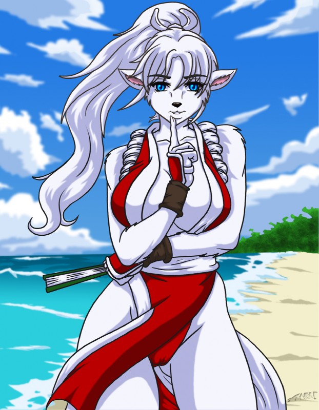 anthro beach breasts camel_toe clothed clothing cloud cosplay costume detailed_background female hand_fan looking_at_viewer outside pose sand seaside skimpy sky solo tail water desingahv fatal_fury king_of_fighters mai_shiranui canid canine canis mammal wolf hi_res