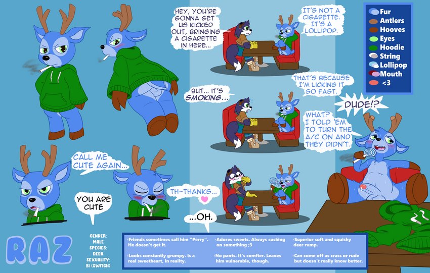 anthro antlers balls blush bodily_fluids bottomless candy clothed clothing dessert duo food genitals gloves handwear hoodie hooves horn legs_on_desk lollipop low-angle_view male public public_nudity reclining smoking solo_focus sweat text topwear perinia kayan deer mammal moomil absurd_res comic digital_media_(artwork) english_text hi_res model_sheet