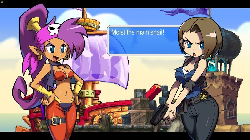 blue_eyes bottomwear breasts brown_hair cleavage clothed clothing cloud day dialogue duo ear_piercing ear_ring fake_screencap female gun hair handgun holding_gun holding_object holding_ranged_weapon holding_weapon humanoid_pointy_ears light_body light_skin long_hair looking_at_viewer navel not_furry on_model open_mouth open_smile pants piercing pointy_ears ponytail purple_hair ranged_weapon ring_piercing ship shirt smile tan_body tan_skin text text_box topwear vehicle vest watercraft weapon niyuyu capcom resident_evil shantae_(series) wayforward jill_valentine shantae genie human humanoid mammal 16:9 2022 crossover digital_media_(artwork) english_text widescreen