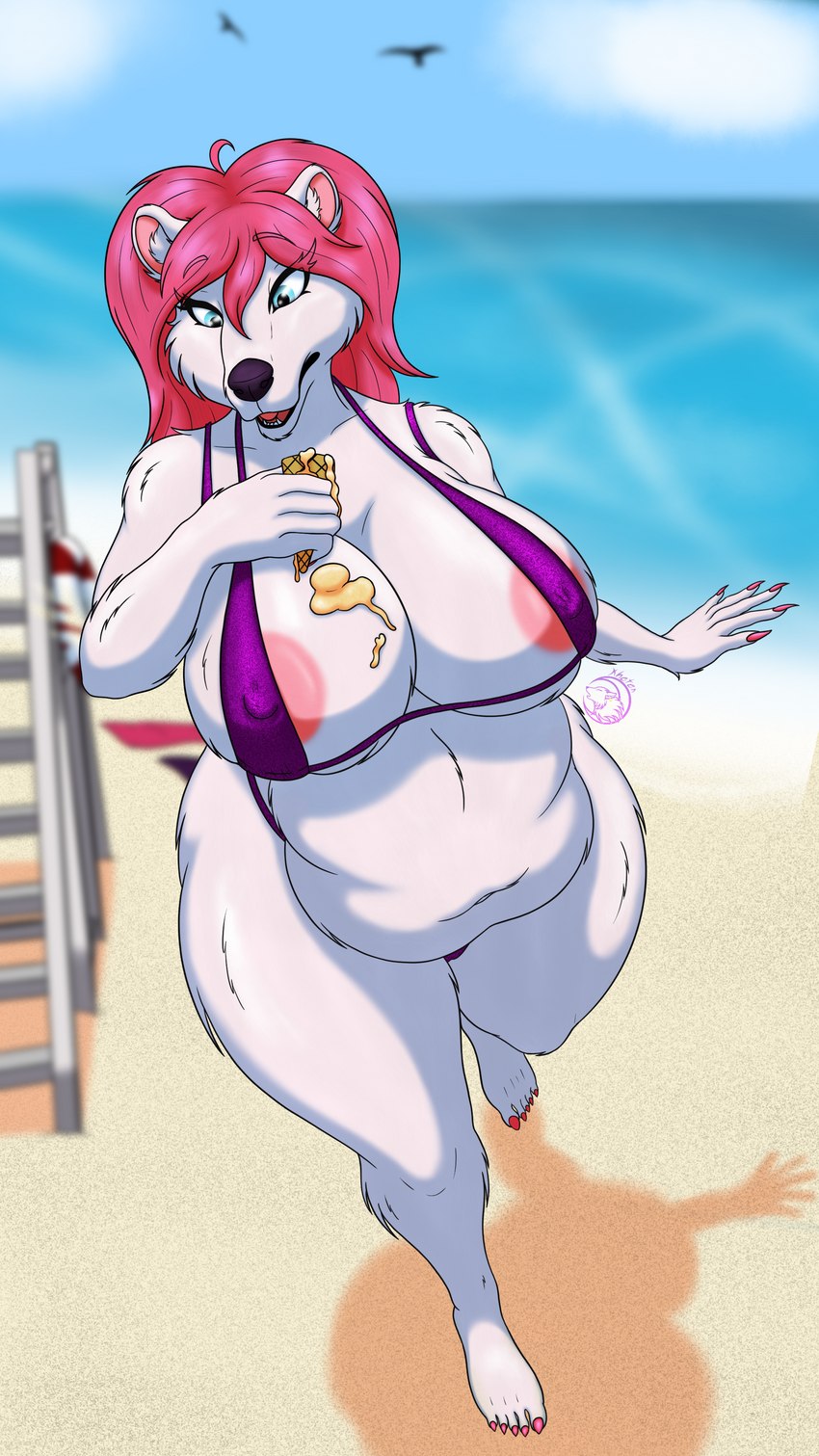 anthro areola areola_slip beach belly big_belly big_breasts big_butt bikini breasts butt clothing curvy_figure dessert female food fur hair huge_breasts ice_cream nipple_outline overweight overweight_anthro overweight_female pink_hair plantigrade seaside skimpy_bikini slightly_chubby slightly_chubby_female solo swimwear thick_thighs two-piece_swimsuit voluptuous wardrobe_malfunction white_body white_fur wide_hips xheten bear mammal polar_bear ursine 4k 9:16 absurd_res hi_res