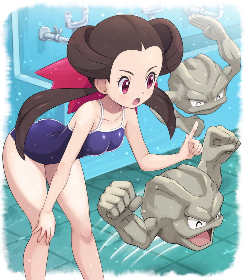 accessory breasts brown_hair butt clothing eyes_closed female grey_body grey_skin gym_leader hair hair_accessory hair_ribbon medium_breasts not_furry one-piece_swimsuit pink_eyes ribbons shower smile swimwear pokemoa nintendo pokemon roxanne_(pokemon) generation_1_pokemon geodude human mammal pokemon_(species) absurd_res hi_res