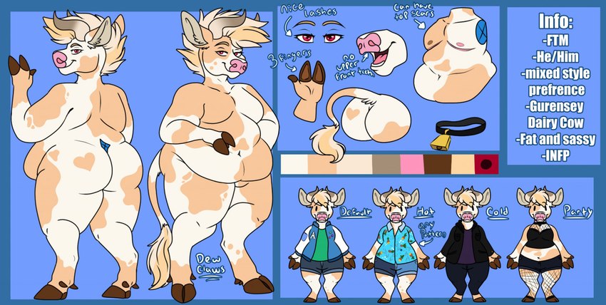 anthro bell bell_collar biped black_collar brown_hooves clothed clothing collar cowbell hooves nude pink_nose slightly_chubby solo standing text goldiescales anthony_(goldiescales) bovid bovine cattle mammal 2021 english_text model_sheet trans_(lore) trans_man_(lore)