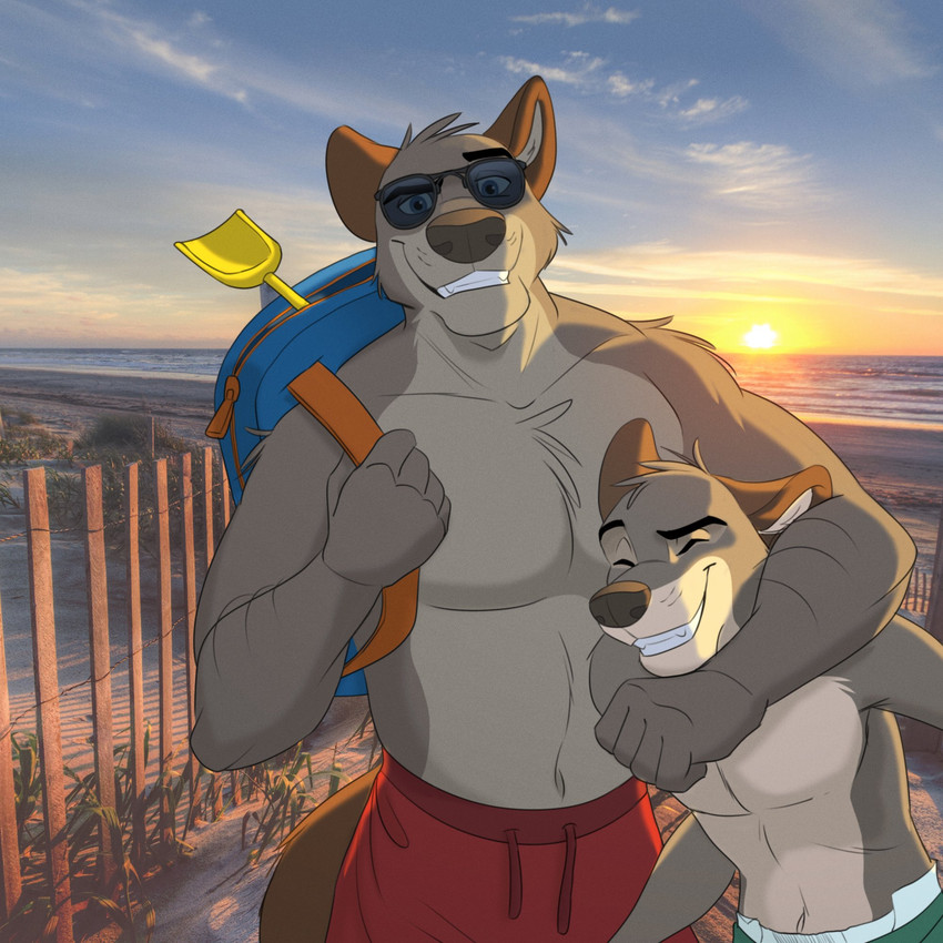 anthro arm_around_neck backpack beach clean_diaper clothed clothing clothing_cord cloud diaper drawstring drawstring_swimming_trunks drawstring_swimwear duo eyewear fence fur grey_body grey_fur male navel outside sand sea seaside shovel sky smile sunglasses sunset swimming_trunks swimwear tools topless water wearing_diaper colt3n brooks_(colt3n) dave_walker canid canine canis mammal wolf 1:1 hi_res father_(lore) father_and_child_(lore) father_and_son_(lore) parent_(lore) parent_and_child_(lore) parent_and_son_(lore) son_(lore)