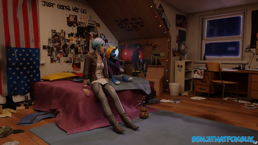 american_flag anthro bed bong carpet christmas_lights drugs duo furniture light moonlight sitting text united_states_of_america window benjithatfoxguy life_is_strange benji_silver chloe_price canid canine fox human mammal 16:9 3d_(artwork) 4k absurd_res digital_media_(artwork) english_text hi_res signature widescreen