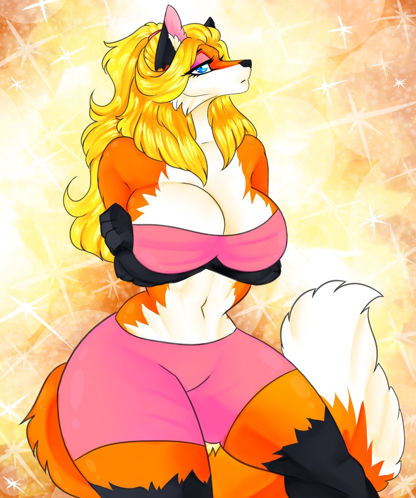 anthro blonde_hair blue_eyes bottomwear breasts clothing crossed_arms eyeshadow female fluffy fluffy_tail hair long_hair looking_at_viewer makeup pose shorts solo sparkles sparkling_background tail cassielink canid canine fox mammal absurd_res digital_media_(artwork) hi_res pinup