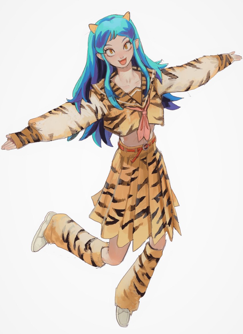 alternate_costume animal_print belt breasts clothing cone_horns female footwear green_hair hair horn knee_highs legwear long_hair looking_at_viewer medium_breasts navel not_furry on_one_leg open_mouth outstretched_arms pointy_ears school_uniform shoes smile socks solo standing tiger_print uniform mossa asian_mythology east_asian_mythology japanese_mythology mythology urusei_yatsura lum_(urusei_yatsura) demon humanoid oni yokai absurd_res full-length_portrait hi_res portrait