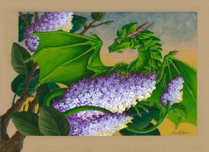 ambiguous_gender claws feral flower green_body green_scales horn lilac_(flower) membrane_(anatomy) membranous_wings outside plant scales sky solo wing_claws wings yellow_eyes sandy_schreiber mythology dragon mythological_creature mythological_scalie scalie 2023 acrylic_painting_(artwork) hi_res painting_(artwork) traditional_painting_(artwork)