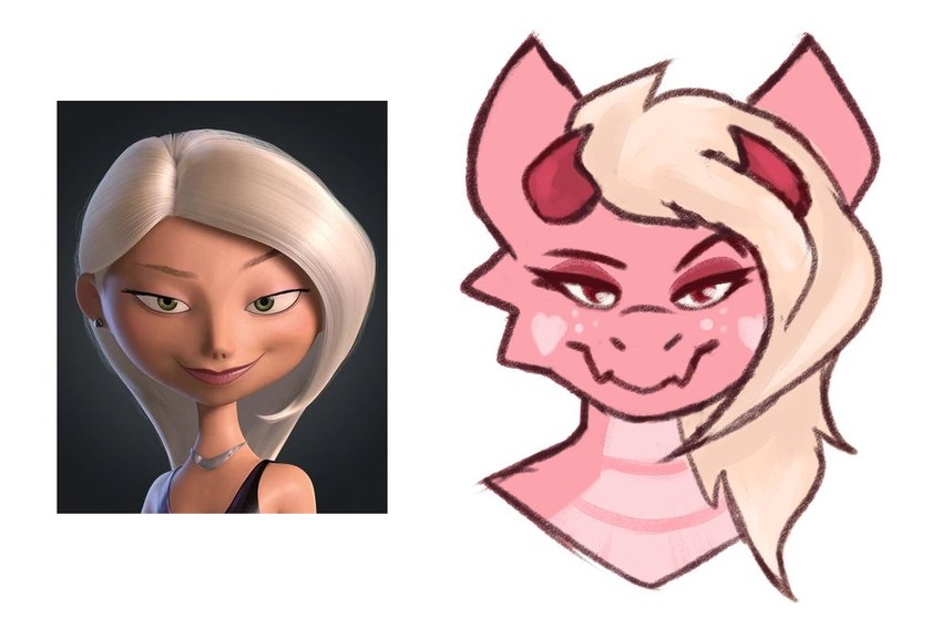 anthro blonde_hair eyebrows eyelashes female hair heart_(marking) horn markings pink_body pink_scales scales simple_background solo unsigned white_background kooriki disney mythology pixar the_incredibles aria_(kooriki) mirage_(the_incredibles) dragon human mammal mythological_creature mythological_scalie scalie 2022 bust_portrait portrait reference_image