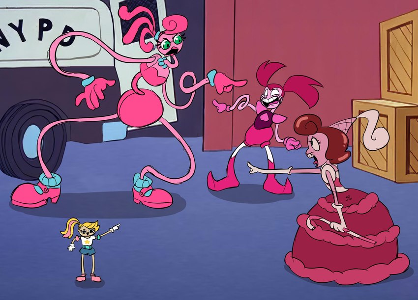 blonde_hair brown_hair candy candy_cane dessert doll food hair hennin pink_body pink_hair pink_skin unknown_artist betty_spaghetty_(series) cartoon_network cuphead_(game) mob_entertainment poppy_playtime spider-man_pointing_at_spider-man steven_universe baroness_von_bon_bon betty_spaghetty_(character) mommy_long_legs spinel_(steven_universe) alien alien_humanoid candy_humanoid food_creature food_humanoid gem_(species) humanoid living_candy living_toy monster absurd_res crossover hi_res meme