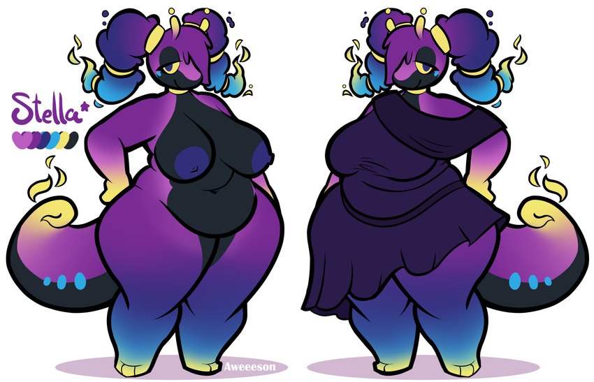 anthro big_breasts black_body black_countershading breasts clothed clothing countershading curvy_figure dress female hands_on_hips multicolored_body nude overweight overweight_female pigtails purple_body solo tail thick_thighs wide_hips aweeeson nintendo pokemon stella_(aweeeson) cosmog generation_6_pokemon generation_7_pokemon goodra hybrid legendary_pokemon pokemon_(species) hi_res model_sheet