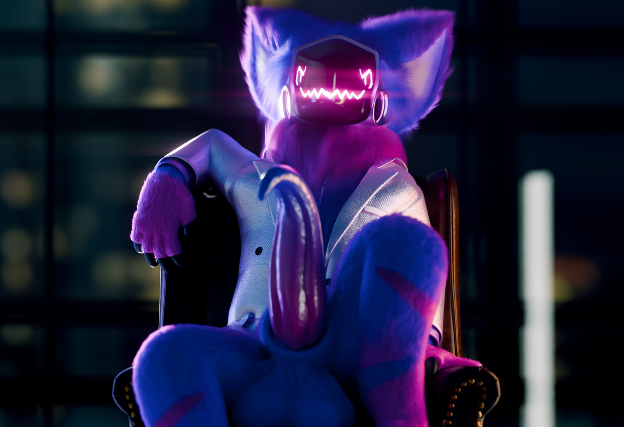 animal_genitalia anthro balls beckoning blue_body blue_fur blue_penis chair erection fingers fluffy fluffy_ears fur furniture genitals gesture looking_at_viewer machine male nude on_chair penis protogen_visor purple_body purple_fur purple_penis sitting smile solo tapering_penis tuft tanza3d tanza_(tanza3d) protogen 3d_(artwork) digital_media_(artwork) hi_res