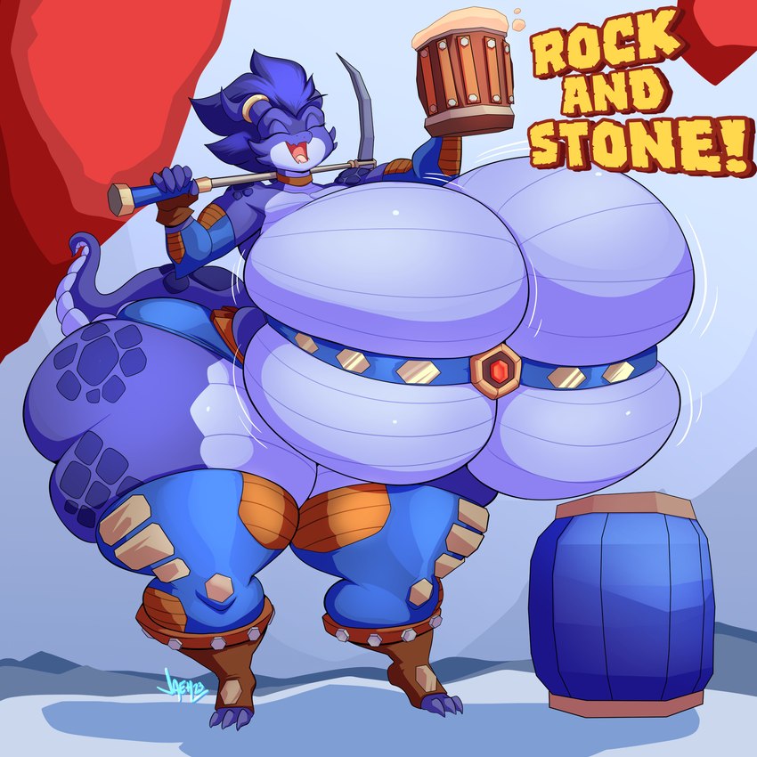 anthro barrel beer_mug belt belted_breasts big_breasts blue_hair bottomwear breasts clothing exclamation_point eyes_closed female fingerless_gloves footwear gloves hair handwear holding_pickaxe horn huge_breasts huge_thighs hyper hyper_breasts hyper_thighs legwear non-mammal_breasts pickaxe shorts solo text thick_thighs jaeh deep_rock_galactic ghost_ship_games buko_(jaeh) busty_bird kobold scalie 1:1 2023 absurd_res english_text hi_res