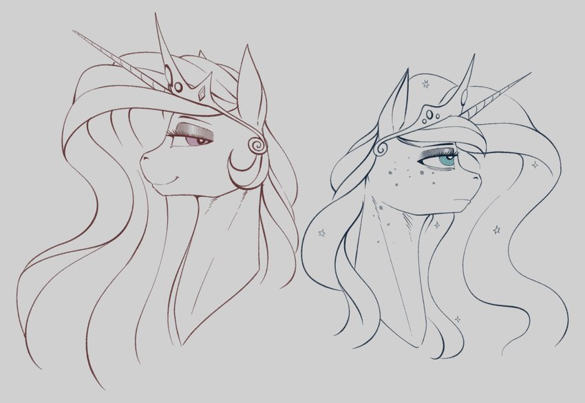 blue_eyes crown dappled_fur duo female freckles headgear horn long_neck purple_eyes tiara stray_prey friendship_is_magic hasbro my_little_pony mythology princess_celestia_(mlp) princess_luna_(mlp) equid equine mammal mythological_creature mythological_equine unicorn portrait restricted_palette sibling_(lore) sister_(lore) sisters_(lore)