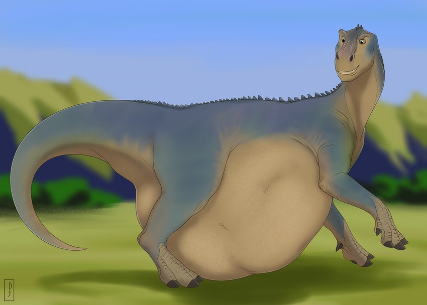 abdominal_bulge belly big_belly brown_body brown_scales feral feral_pred grey_body grey_scales male male_pred mountain outside quadruped scales smile soft_vore solo standing tail vore priestofjashin aladar dinosaur iguanodon iguanodontid ornithischian prehistoric_species reptile scalie hi_res