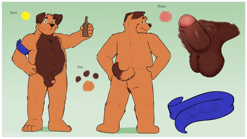 alcohol anthro armband aroused balls beer belly beverage border brown_body brown_fur butt countershading foreskin fur genitals humanoid_genitalia humanoid_penis incestuous_fantasy male multicolored_body multicolored_fur nude orange_body orange_fur partially_retracted_foreskin penis pose presenting reverse_countershading simple_background solo standing tail text two_tone_body two_tone_fur white_border yellow_eyes onykr tom_(onykr) canid canine canis domestic_dog mammal 16:9 english_text hi_res model_sheet pinup widescreen