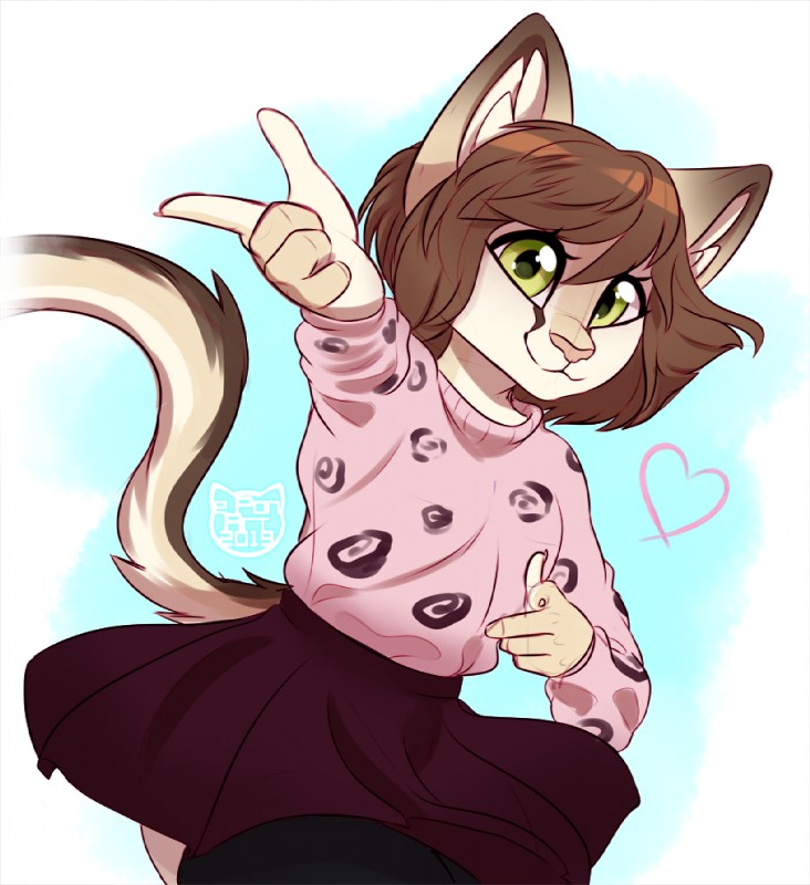 anthro clothing female hair heart_symbol smile solo e-pon domestic_cat felid feline felis mammal