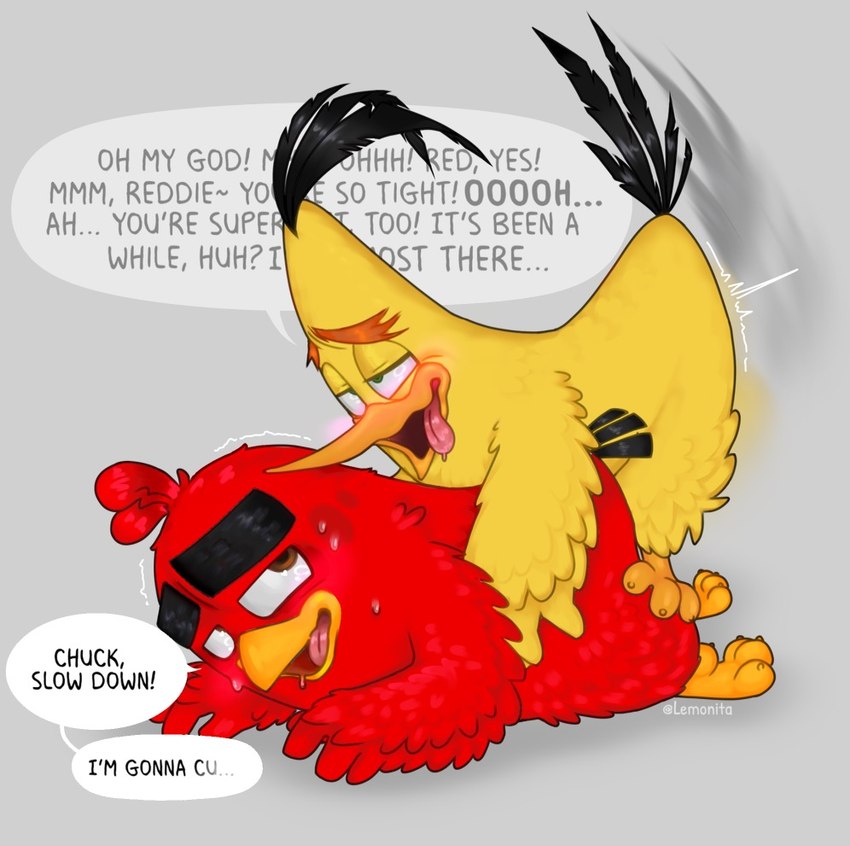 anal anal_penetration anthro beak blush bodily_fluids dialogue doggystyle duo feathers from_behind_position male male/male open_mouth penetration sex sweat text tongue lemonita angry_birds rovio_entertainment sega chuck_(angry_birds) red_(angry_birds) avian bird english_text