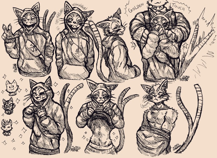 anthro blush clothing fluffy fluffy_fur hoodie male solo sparkles topwear undressing_self whiskers jwbash epic_games fortnite meowdas meowscles nyanja_(fortnite) oscar_(fortnite) felid feline mammal hatching_(art) hi_res shaded sketch sketch_page