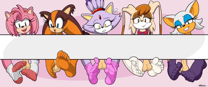 anthro balls barefoot clothing feet female foot_fetish foot_focus foot_on_balls footwear genitals group humanoid_feet male male/female plantigrade socks soles toes nasiri_(artist) sega sonic_boom sonic_the_hedgehog_(series) amy_rose blaze_the_cat rouge_the_bat sticks_the_jungle_badger vanilla_the_rabbit badger bat domestic_cat eulipotyphlan felid feline felis hedgehog lagomorph leporid mammal mustelid musteline rabbit