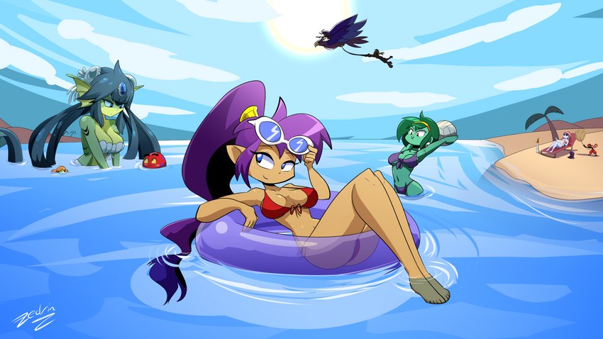 beach bikini blue_eyes breasts cleavage clothed clothing detailed_background eyewear female green_body green_skin group hair humanoid_pointy_ears male navel not_furry_focus outside pointy_ears purple_hair seaside sky split_form sunglasses swimwear two-piece_swimsuit water zedrin shantae_(series) wayforward bolo_(shantae) giga_mermaid risky_boots rottytops shantae sky_(shantae) squid_baron animal_humanoid avian bird cephalopod coleoid fish fish_humanoid genie human humanoid mammal marine marine_humanoid merfolk mollusk octopodiform undead zombie 16:9 2018 hi_res widescreen