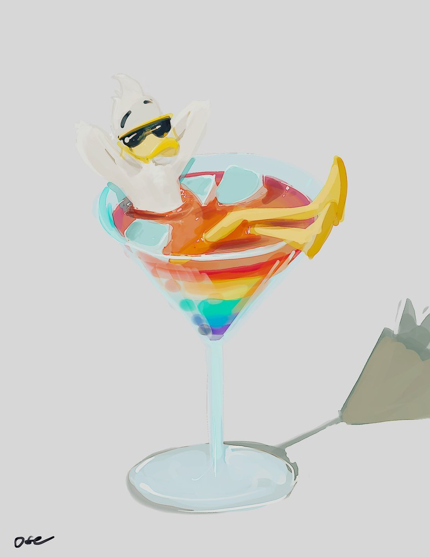 alcohol anthro beverage cocktail cocktail_glass container cup drinking_glass glass glass_container glass_cup lgbt_pride male multicolored_beverage pride_color_beverage pride_colors rainbow rainbow_pride_colors six-stripe_rainbow_pride_colors solo oselotti quill_wonderfowl anatid anseriform avian bird duck 2023 absurd_res hi_res