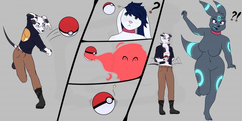 anthro before/after_focus breasts collar duo eyewear female gender_transformation glasses head_hit holding_object holding_pokeball interrobang looping_line male motion_lines motion_path mtf_transformation nude object_motion_path path_lines pokeball question_mark smile species_transformation standard_pokeball star star_polygon star_reaction surprise throwing throwing_object throwing_pokeball transformation transformation_by_fictional_prop transformation_by_item transformation_by_pokeball transformation_mechanism transformation_sequence unusual_font lex-i nintendo pokemon lex_(lex-i) sammy_(willowdawisp) canid canine canis dalmatian domestic_dog eeveelution generation_2_pokemon lagomorph leporid mammal pokemon_(species) rabbit umbreon absurd_res hi_res sequence