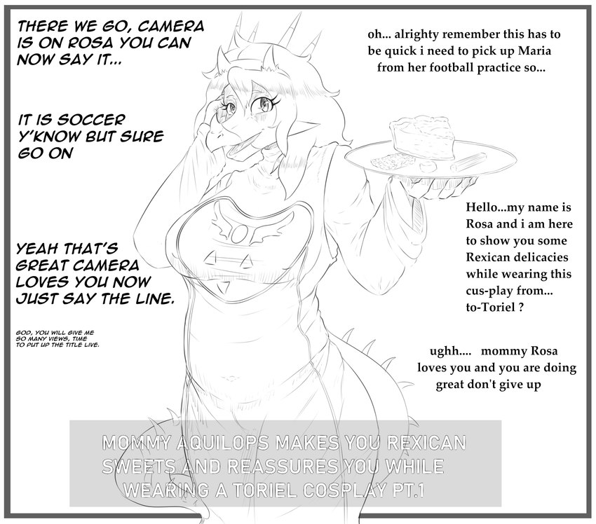 5_fingers anthro breasts clothing cosplay crossover_cosplay delta_rune_(emblem) dialogue eyelashes facial_horn female fingers greeting hair head_spikes horn long_hair long_tail looking_at_viewer mature_anthro mature_female nipple_outline nose_horn open_mouth open_smile pie_(food) robe smile snout solo spiked_tail spikes spikes_(anatomy) symbol symbol_on_clothing tail talking_to_viewer text badfidhell cavemanon_studios goodbye_volcano_high snoot_game undertale undertale_(series) rosa_(gvh) toriel aquilops ceratopsian dinosaur ornithischian prehistoric_species reptile scalie 2024 black_and_white crossover english_text hi_res monochrome