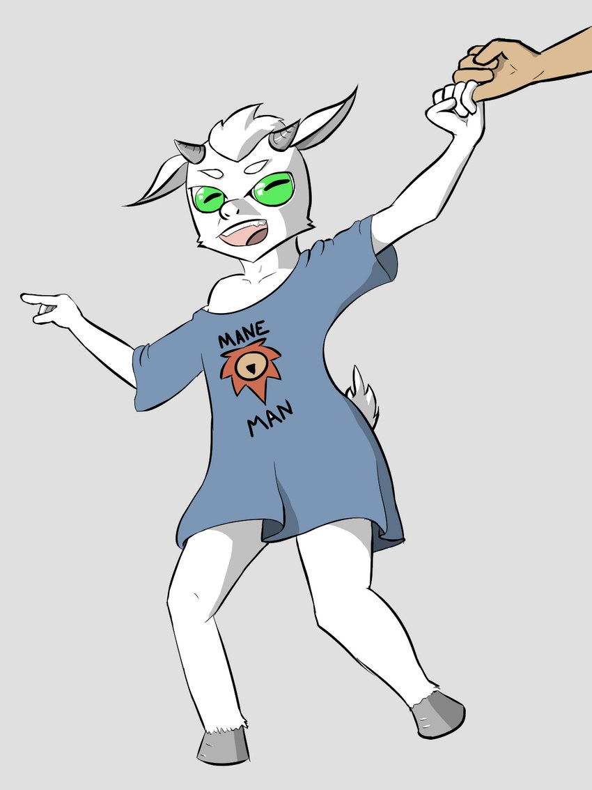 anthro bottomless clothed clothing fur grey_background hooves horizontal_pupils male open_mouth oversized_clothing oversized_shirt oversized_topwear pupils shirt simple_background solo topwear young young_anthro young_male wintersink bovid caprine goat mammal 3:4 hi_res