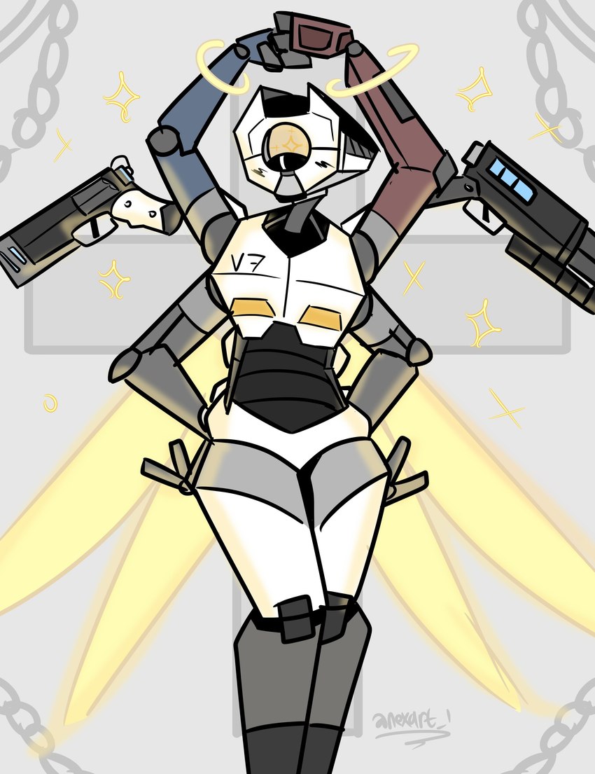 1_eye 4_arms ambiguous_gender blue_body blush chain featureless_crotch front_view grey_body gun handgun hands_on_hips knock-kneed machine multi_arm multi_limb multicolored_body not_furry nude pistol ranged_weapon red_body shotgun solo standing star_pupils text text_on_body weapon white_body wings yellow_eyes yellow_sclera nexart new_blood_interactive ultrakill fan_character v7_(staruri) humanoid robot robot_humanoid absurd_res digital_media_(artwork) hi_res portrait signature three-quarter_portrait