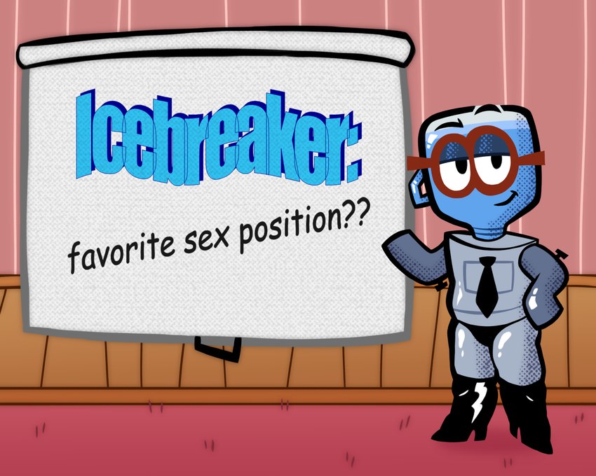 anthro boots clothing eyewear footwear glasses high_heeled_boots high_heels knee_boots knee_highs legwear necktie projector shoes smile smirk solo text underwear water_cooler sexylinguini jackbox_games job_job the_jackbox_party_pack m._bubbles animate_inanimate 5:4 hi_res nonbinary_(lore)