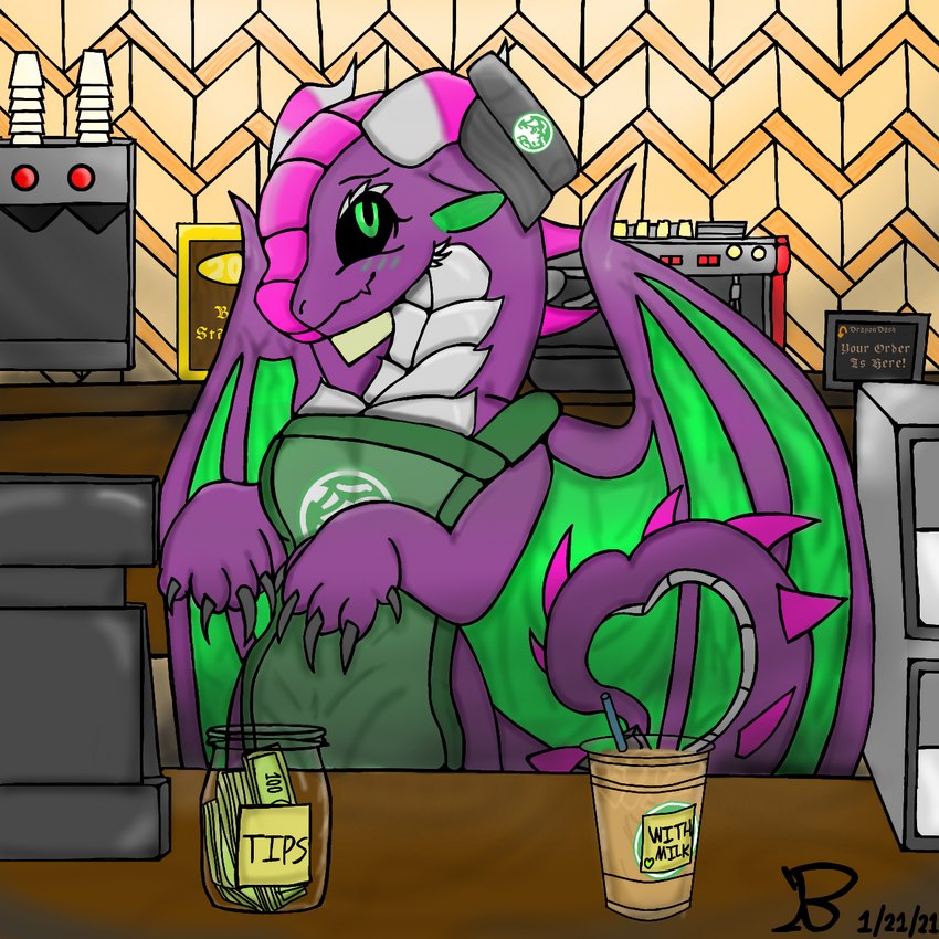 anthro beverage cashier coffee female gesture green_eyes heart_symbol horn money pose purple_body solo tail tail_gesture tail_heart white_horn random_dragon_lover doordash mythology starbucks roselia_(adtot) dragon mythological_creature mythological_scalie scalie 1:1 hi_res