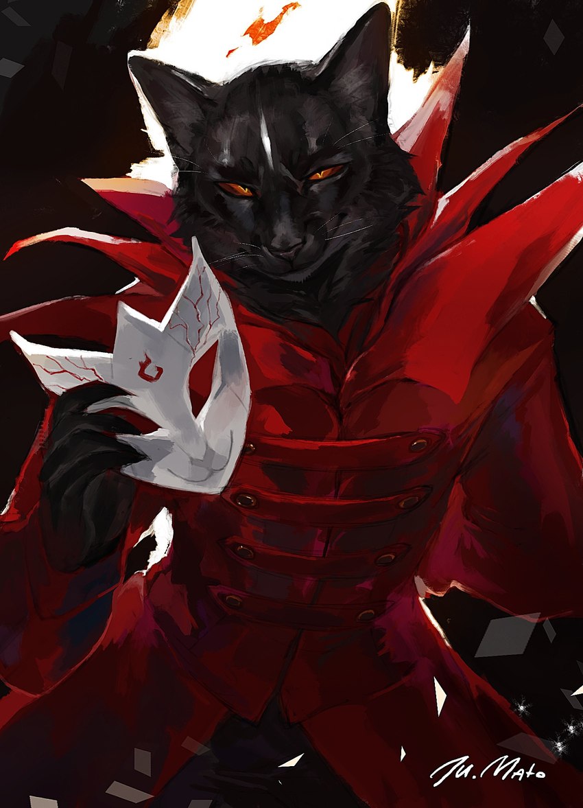 anthro black_body black_fur black_nose clothing fur looking_at_viewer male mask orange_eyes red_clothing smile solo unmasking whiskers juliathedragoncat domestic_cat felid feline felis mammal digital_media_(artwork) hi_res