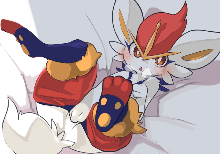 3_fingers 3_toes ambiguous_gender anthro bed blush breath covering covering_self feet fingers fur furniture looking_at_viewer lying lying_on_bed on_back on_bed open_mouth paws solo tail teeth toes white_body white_fur yatosuke nintendo pokemon cinderace generation_8_pokemon lagomorph leporid mammal pokemon_(species) 2021 hi_res