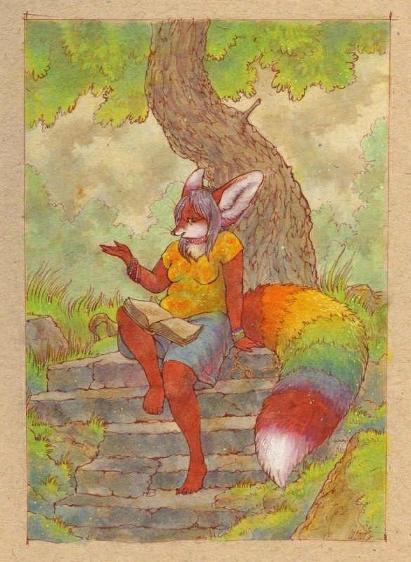 anthro book collar eyewear female glasses overweight overweight_anthro overweight_female rainbow slightly_chubby solo stairs steps tail louvelex scribbles_(neoscribbles) blanford's_fox canid canine fox mammal true_fox full-length_portrait hi_res portrait