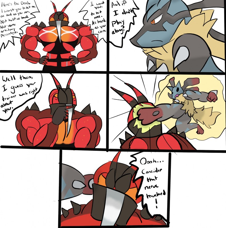 ambiguous_gender humor red_eyes text unknown_artist fight_club nintendo pokemon buzzwole generation_6_pokemon generation_7_pokemon mega_evolution mega_lucario pokemon_(species) ultra_beast absurd_res comic english_text hi_res