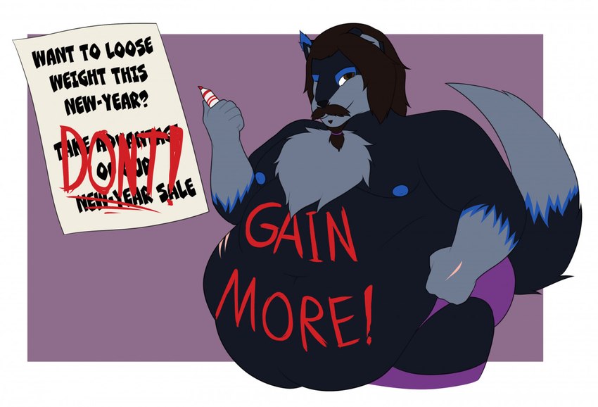 5_fingers abdominal_scar anthro areola belly belly_overhang big_belly black_nose blue_areola blue_body blue_fur blue_markings blue_nipples blue_tail brown_eyes brown_facial_hair brown_goatee brown_hair brown_mustache chest_tuft closed_smile clothed clothed_anthro clothed_male clothing dipstick_tail facial_hair fingers fist fluffy fluffy_tail fur goatee grey_body grey_fur grey_inner_ear grey_tail_tip hair hand_scar holding_marker holidays legwear long_hair male male_anthro markings moobs mouth_closed multicolored_body multicolored_fur multicolored_tail mustache navel nipples notched_ear obese obese_anthro obese_male overweight overweight_anthro overweight_male pink_scar purple_clothing purple_legwear purple_stockings purple_underwear rectangle scar sign simple_background smile solo standing stockings tail tail_markings text text_on_body thick_thighs thin_eyebrows topless topless_anthro topless_male tuft underwear theannoyingnpc new_year new_year_2022 james_"ashley"_potter_jr. canid canine canis mammal wolf 2022 digital_drawing_(artwork) digital_media_(artwork) english_description english_text flat_colors portrait three-quarter_portrait