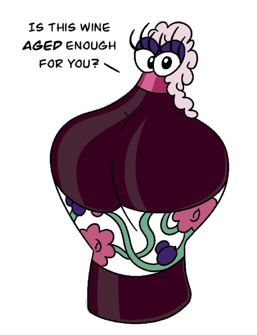 alcohol anthro beverage big_breasts bottle breasts cartoon_eyes container dialogue eyelashes eyeshadow female flower foam foaming food fruit grape hair half-closed_eyes huge_breasts label makeup mature_female narrowed_eyes plant red_body simple_background solo vines white_background white_hair wine wine_bottle kuribirdie animate_inanimate inanimate_object hi_res