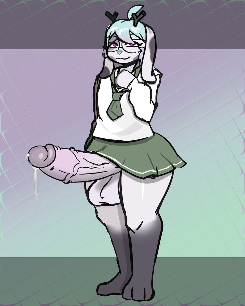 antlers balls big_balls big_penis bodily_fluids bottomwear clothed clothing cum erection eyewear femboy genital_fluids genitals glasses horn huge_balls huge_penis hyper hyper_genitalia hyper_penis leaking_cum male penis school_uniform skirt small_but_hung solo thick_thighs uniform vein veiny_penis xxfujiwara sheepypop harvey_hallows_(sheepypop) jackalope lagomorph mammal hi_res