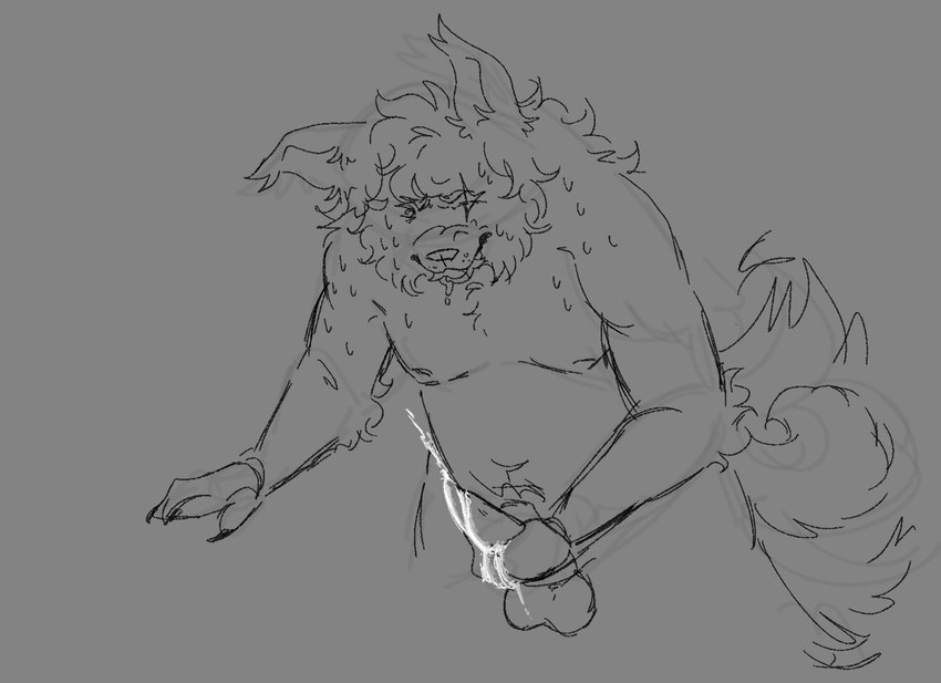1_eye anthro balls bodily_fluids cum drooling ejaculation erection eye_scar facial_scar fur genital_fluids genitals male masturbation moobs nipples nude overweight overweight_anthro overweight_male penis saliva scar showing_teeth sweat tail tail_motion tailwag dragonbitez canid canine canis domestic_dog husky mammal nordic_sled_dog spitz digital_media_(artwork) hi_res monochrome sketch