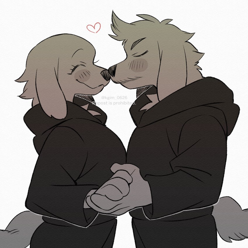 anthro blush blush_lines canon_couple clothed clothing do_not_distribute duo eyes_closed female hand_holding heart_symbol male romantic romantic_couple imkn_626 undertale undertale_(series) dogamy dogaressa canid canine canis domestic_dog mammal 1:1 absurd_res hi_res